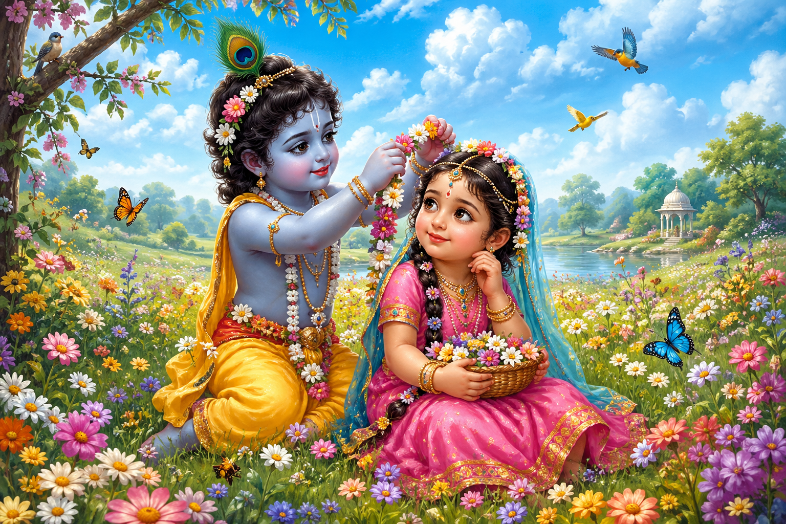 Child Radha and Krishna picking flowers in meadow with butterflies and flower garland making
